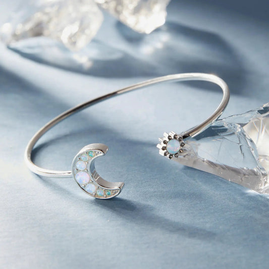 Moon + Sun Flex Cuff bracelet by ALEX AND ANI, silver-tone bangle with iridescent opal stones on Tampa Home & Garden Store