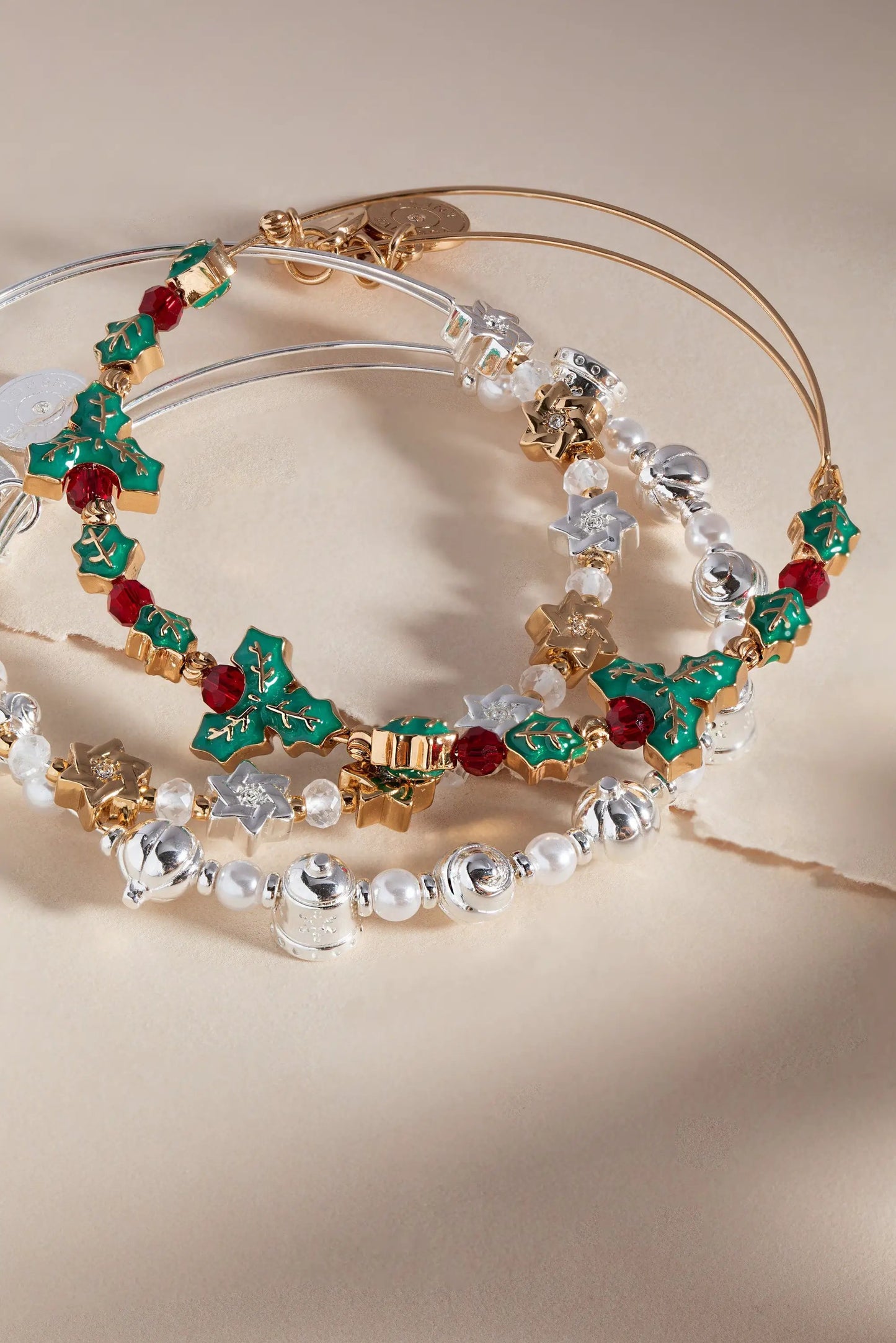 Bells Beaded Bangle bracelet by ALEX AND ANI with green holly leaf charms and red beads on Tampa Home & Garden Store