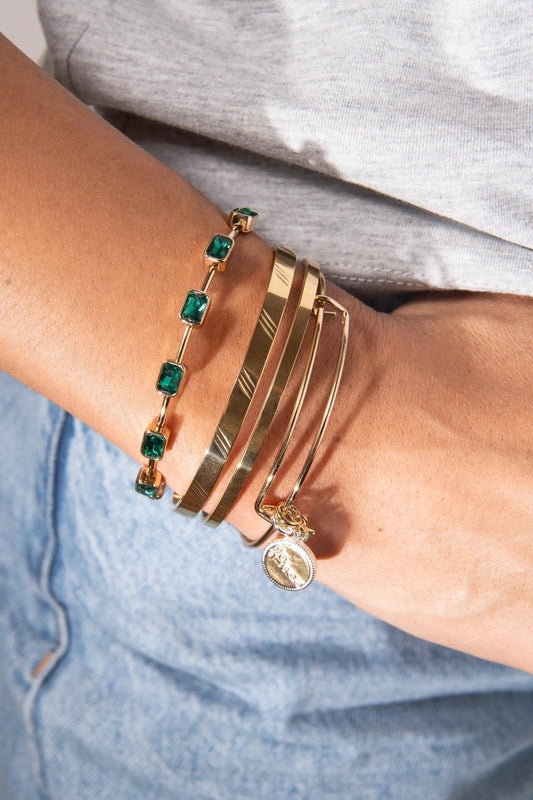 May Birthstone Emerald Cut Bangle with emerald stones on gold-tone chain by ALEX AND ANI on Tampa Home & Garden Store