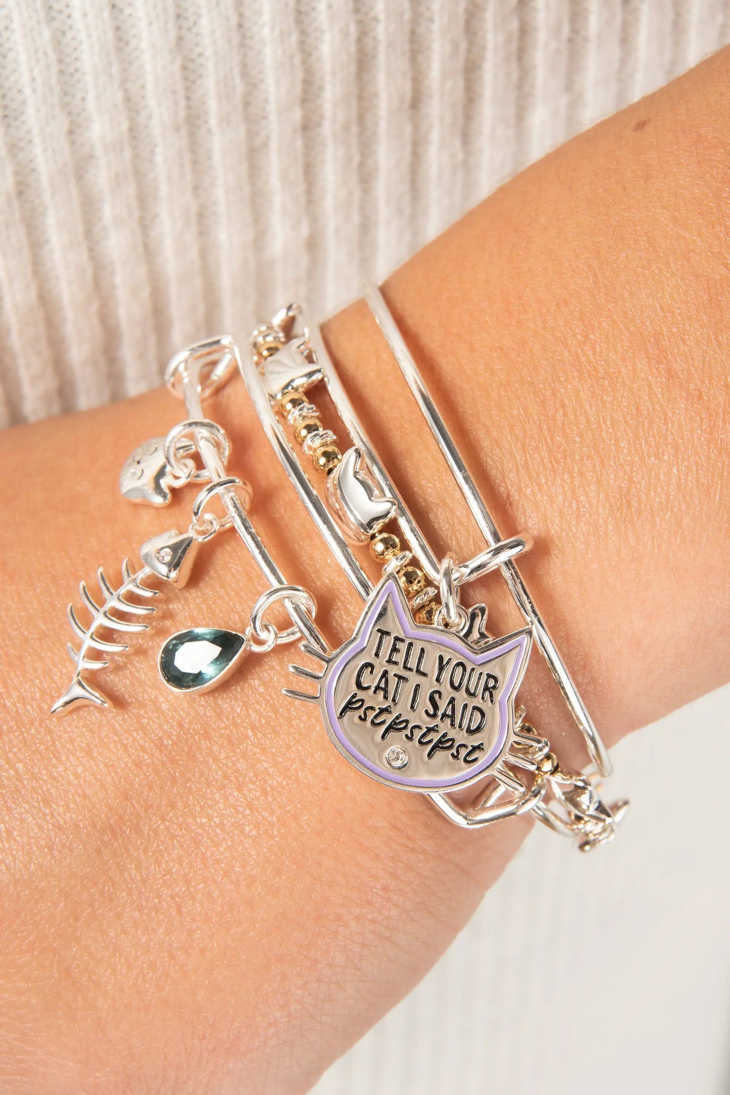 Fish Bone Cat Bangle and Crystal Cat Face