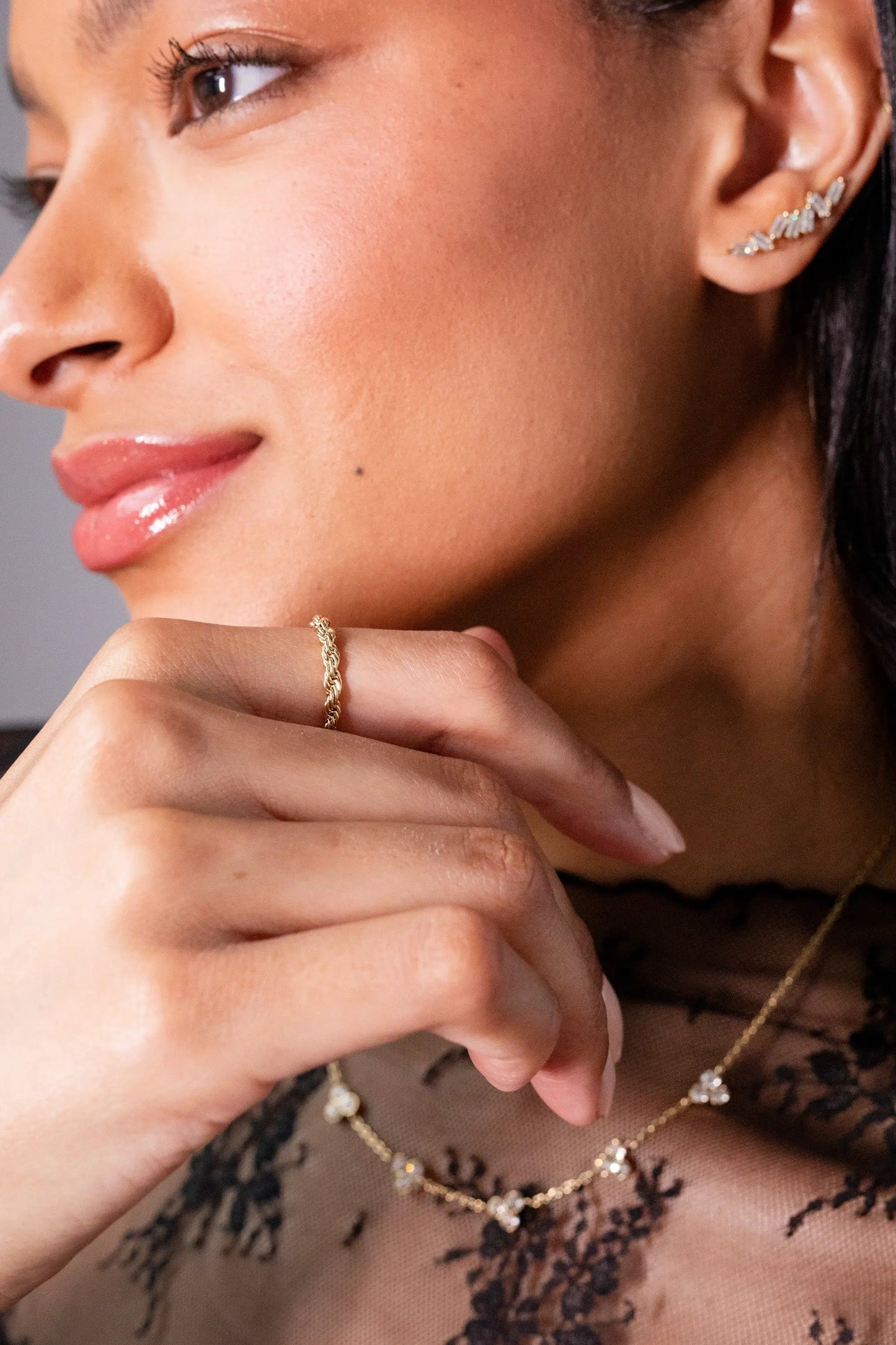 Triple Stone Crystal Inline Necklace by ALEX AND ANI, gold-tone chain with three clear crystals on Tampa Home & Garden Store