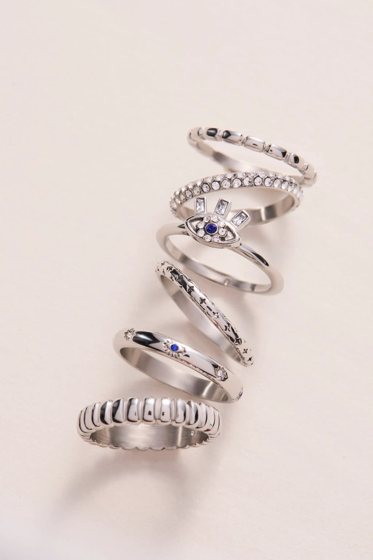 Ribbed Stacking Ring Set of 3 With Crystal Pave