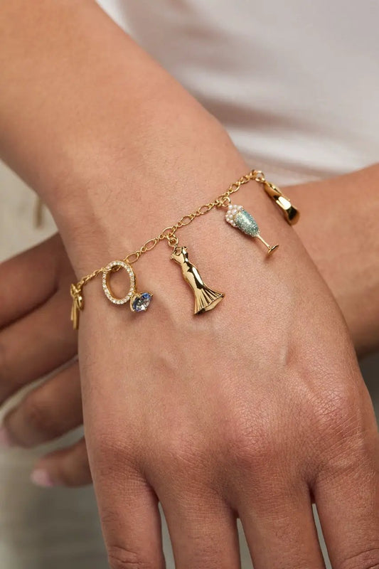 Bridal Multi-Charm Bracelet by ALEX AND ANI gold tone chain with crystal ring and gown charm on Tampa Home & Garden Store