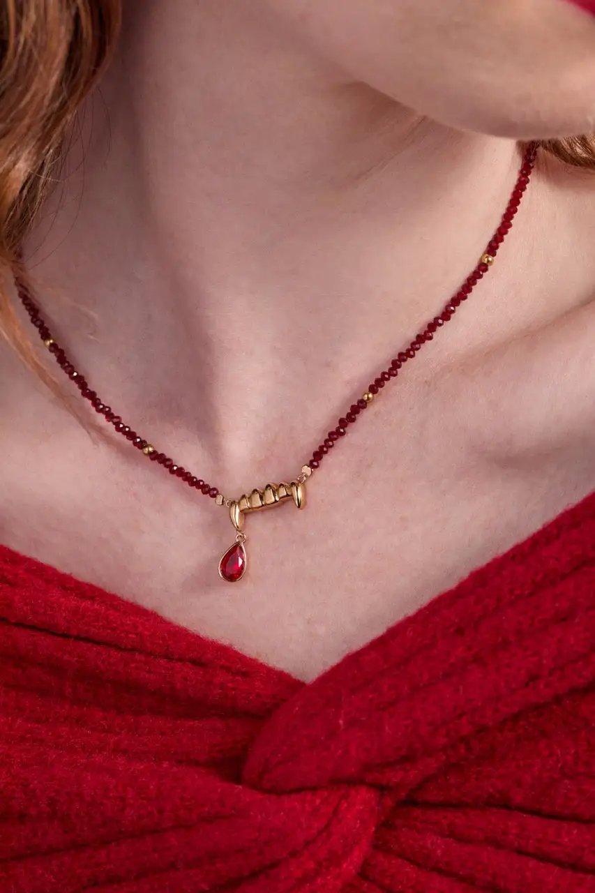 Vampire Teeth Pendant burgundy beads gold fang bar red teardrop charm by ALEX AND ANI on Tampa Home & Garden Store