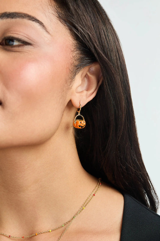 Trick or Treat Earrings Set of 3 by Alex and Ani, orange jack o lantern charm on gold hoop on Tampa Home & Garden Store