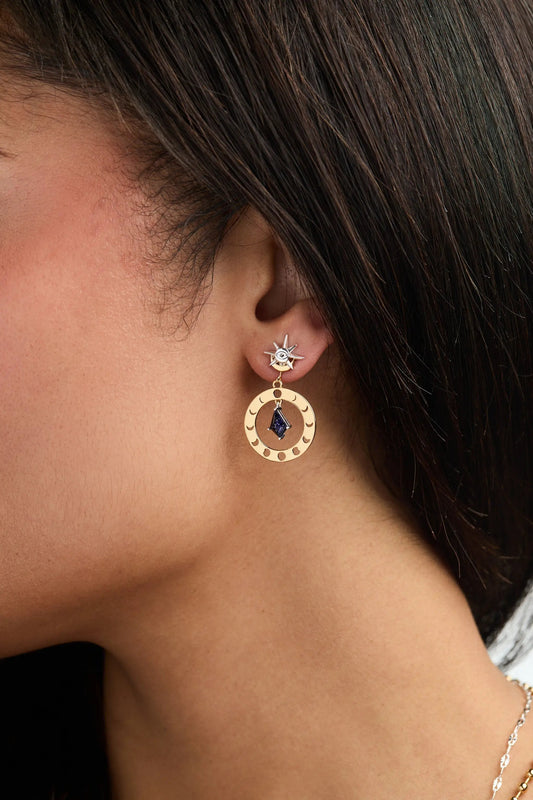Moon Phase Statement Earring gold-tone crescent moon hoop blue gem starburst stud on Tampa Home & Garden Store