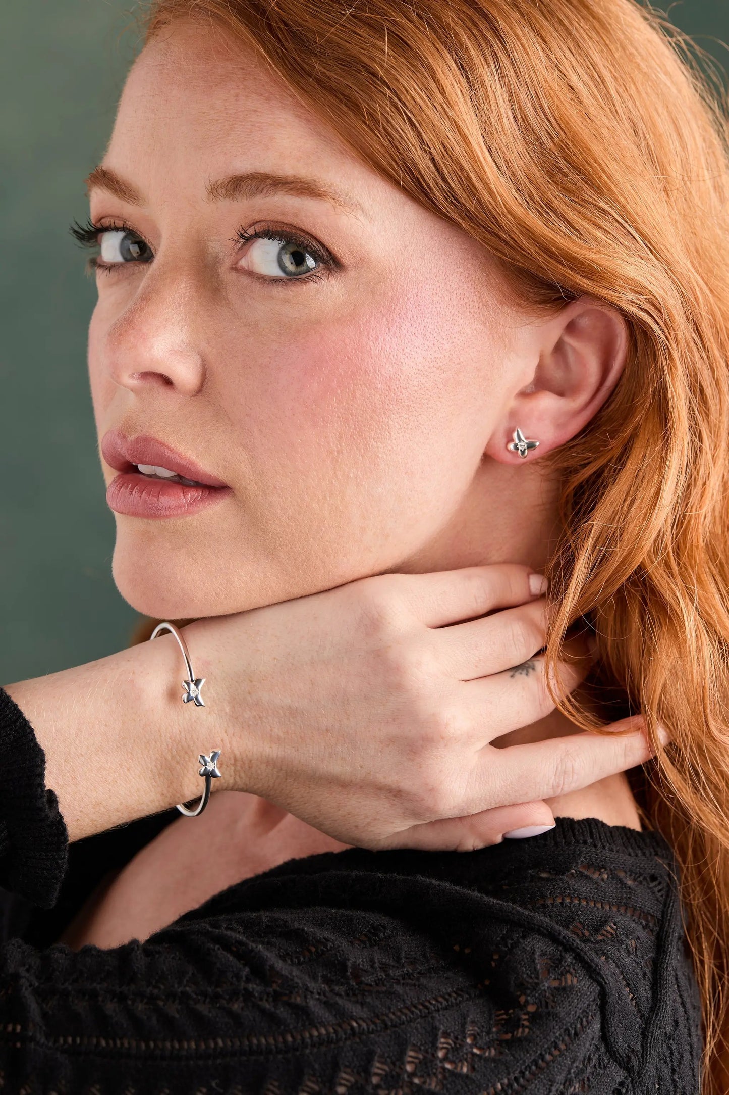 Puffy Butterfly Crystal Stud Earrings by ALEX AND ANI, silver butterfly studs on model's ear on Tampa Home & Garden Store