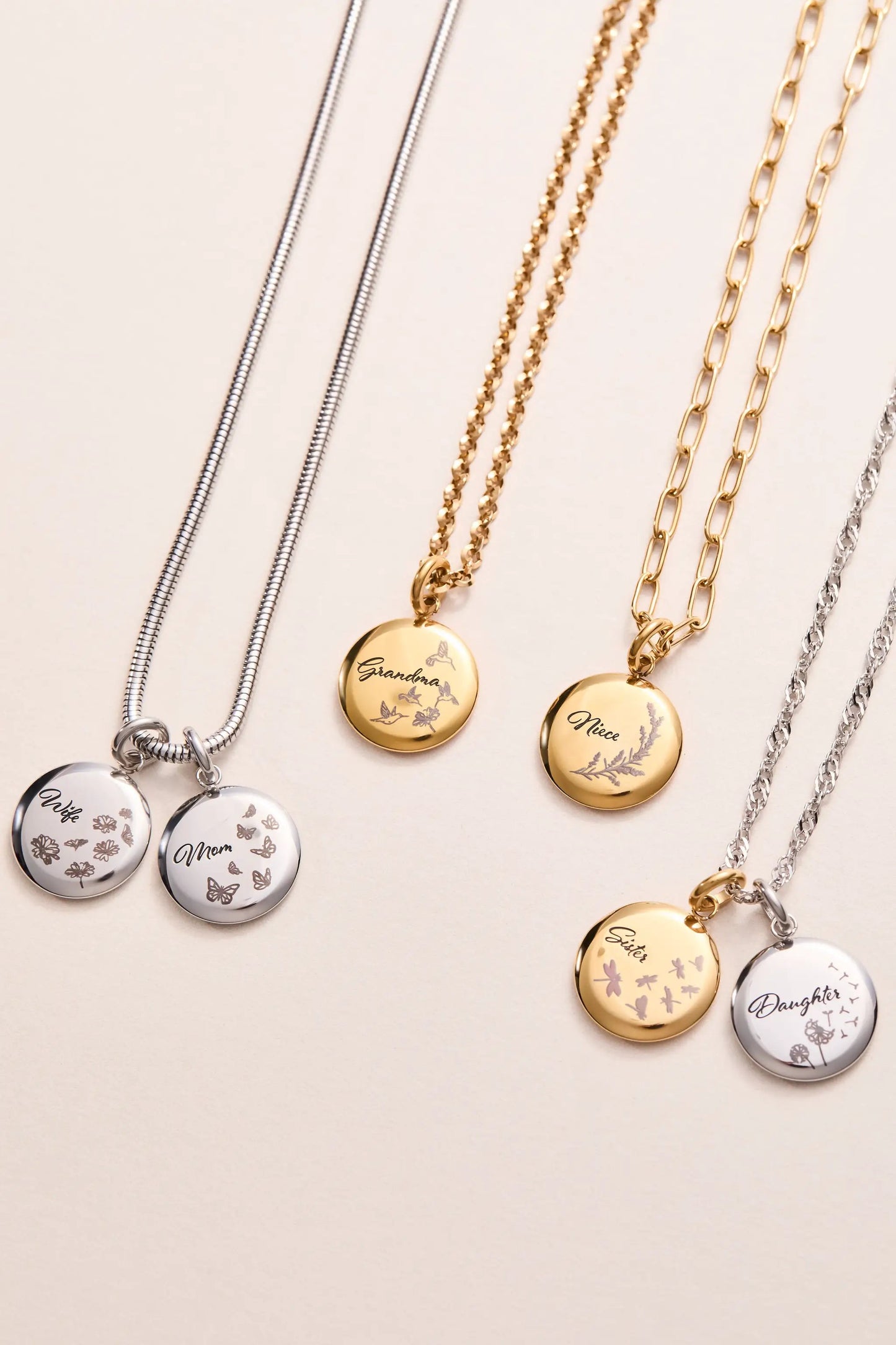 Sister Dragonfly Disc Charm necklace by Alex and Ani featuring gold-tone and silver-tone discs on multiple chains on Tampa Home & Garden Store