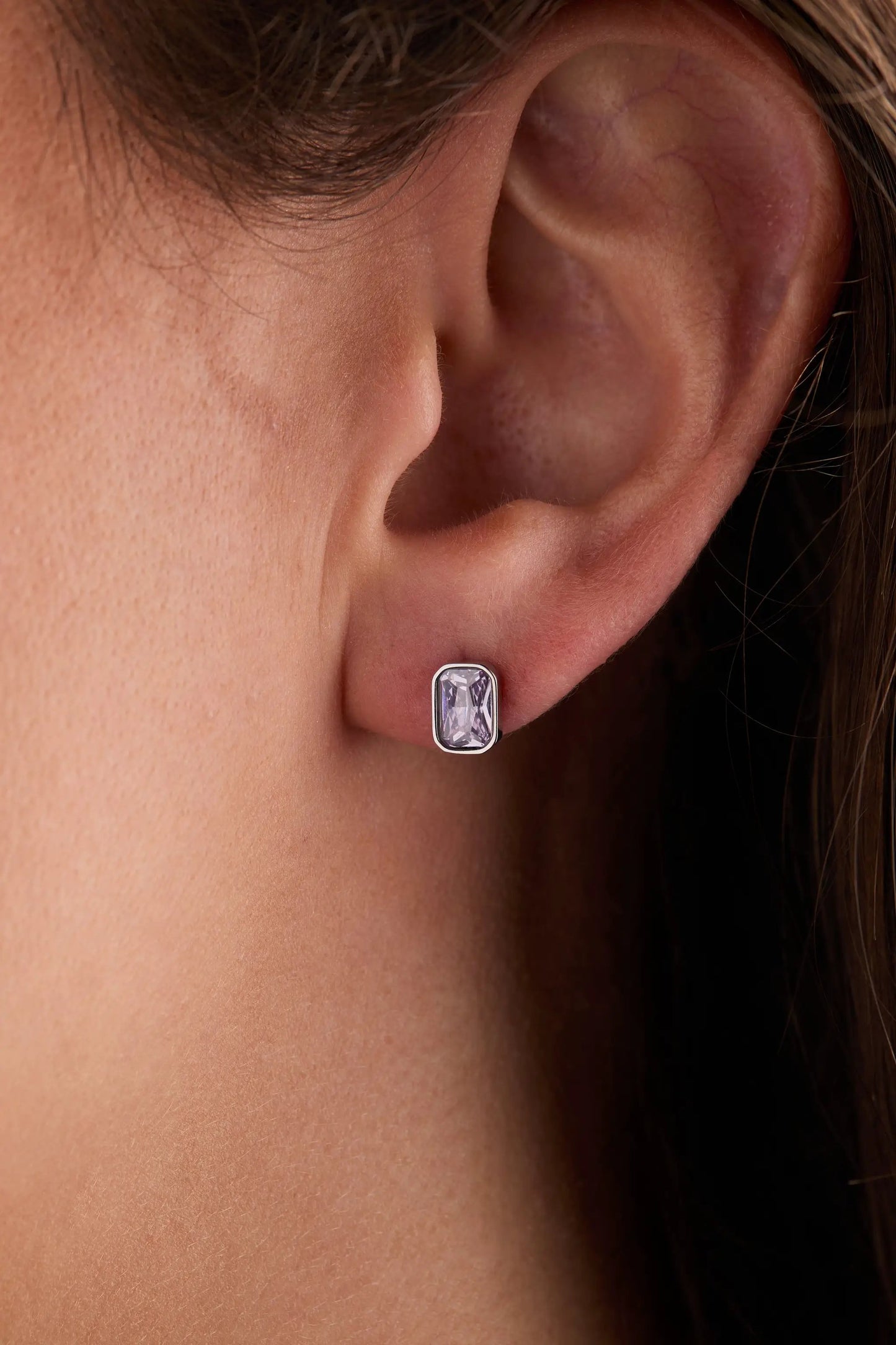 June Amethyst Glass Bezel Birthstone Stud Earrings