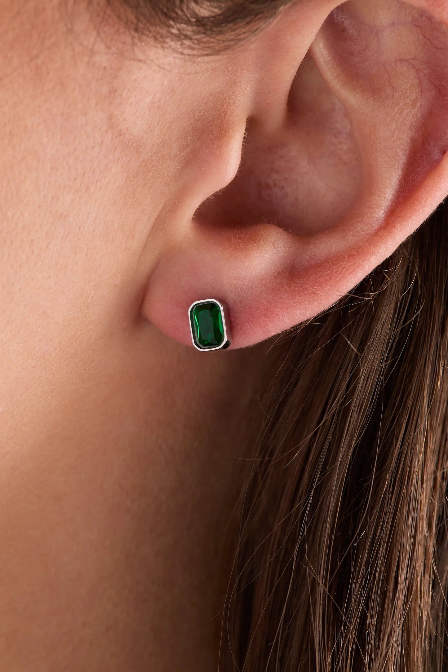 May emerald-cut birthstone stud earrings with green gemstone in silver setting on Tampa Home & Garden Store