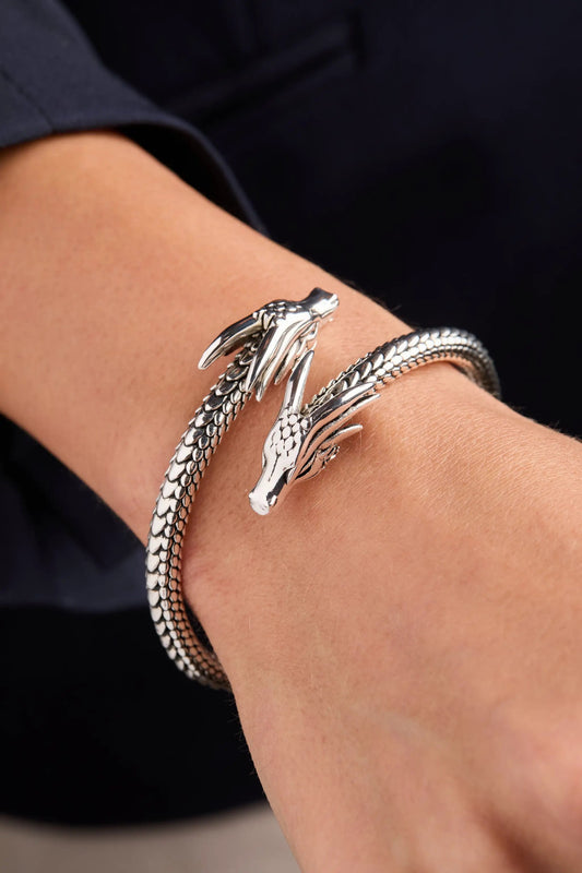 House of the Dragon cuff bracelet in silver with dragon-scale texture and dragon-head ends on Tampa Home & Garden Store