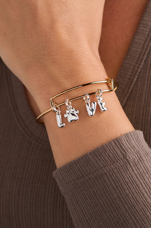 Pet Love Multi Charm Bangle, gold-tone band with silver paw print and bone charms on Tampa Home & Garden Store