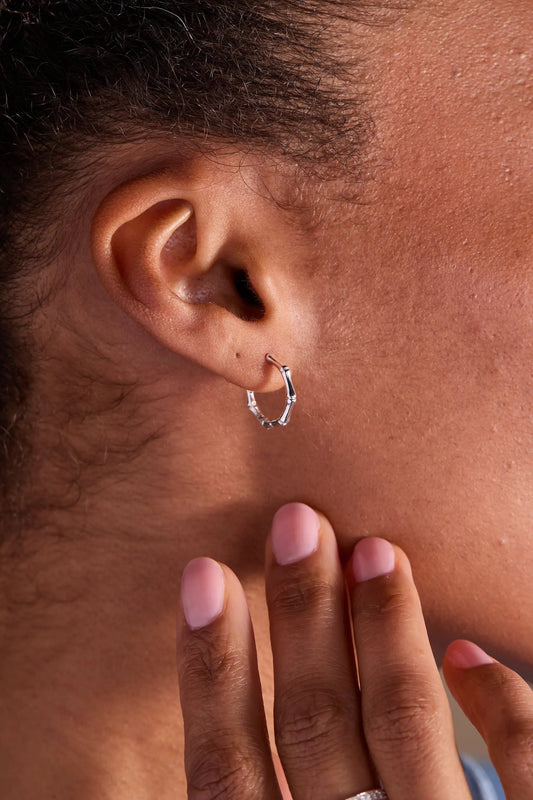 Bamboo Huggie earrings by Alex and Ani, silver small hoop with bamboo texture on Tampa Home & Garden Store