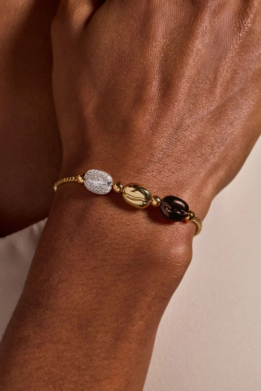 Coffee Bean Bolo Bracelet by ALEX AND ANI, gold-tone chain with brown coffee-bean beads on Tampa Home & Garden Store