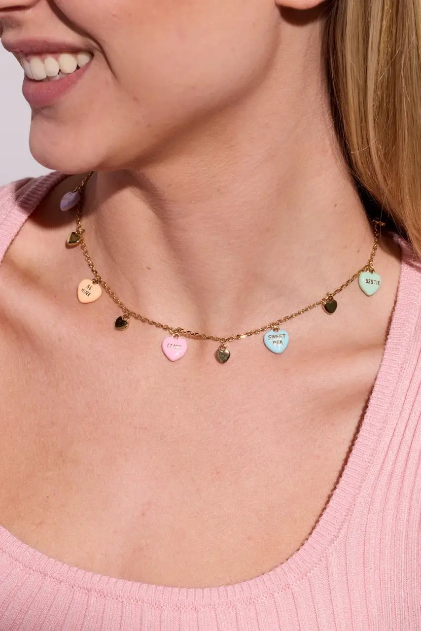 Sweethearts Multi-Charm Necklace by ALEX AND ANI on gold chain with pastel heart charms on Tampa Home & Garden Store