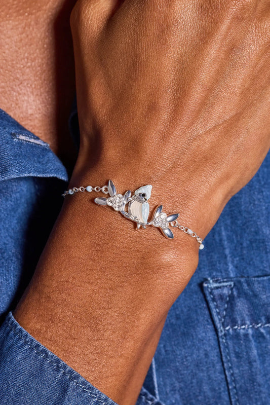 Tufted Titmouse Bird Bracelet by Alex and Ani, silver-tone with blue enamel birds and crystals on Tampa Home & Garden Store
