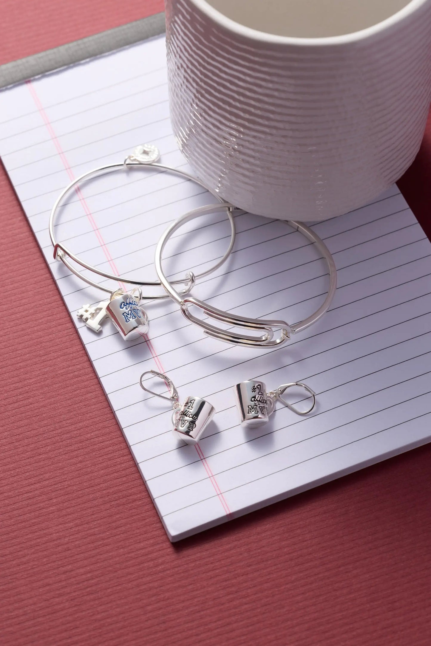 Office MVP Mug Earrings, silver hoops with mug charms and blue text by ALEX AND ANI on Tampa Home & Garden Store