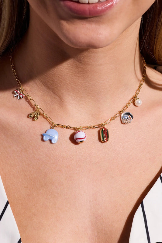 Take Me Out to the Ballgame Multi Charm Necklace on gold-tone chain with baseball and hot dog charms on Tampa Home & Garden Store