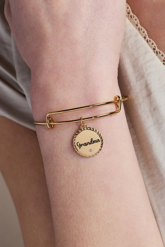 Gold-tone Alex and Ani Grandma charm bracelet with round pendant on Tampa Home & Garden Store
