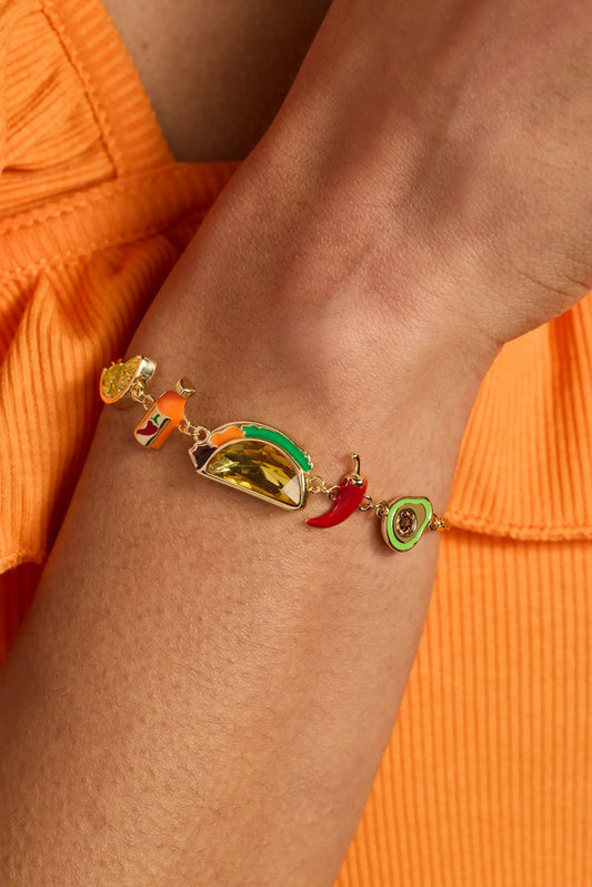 Taco Inline Charm Bracelet gold-tone with colorful enamel tacos by Alex Ani on wrist on Tampa Home & Garden Store