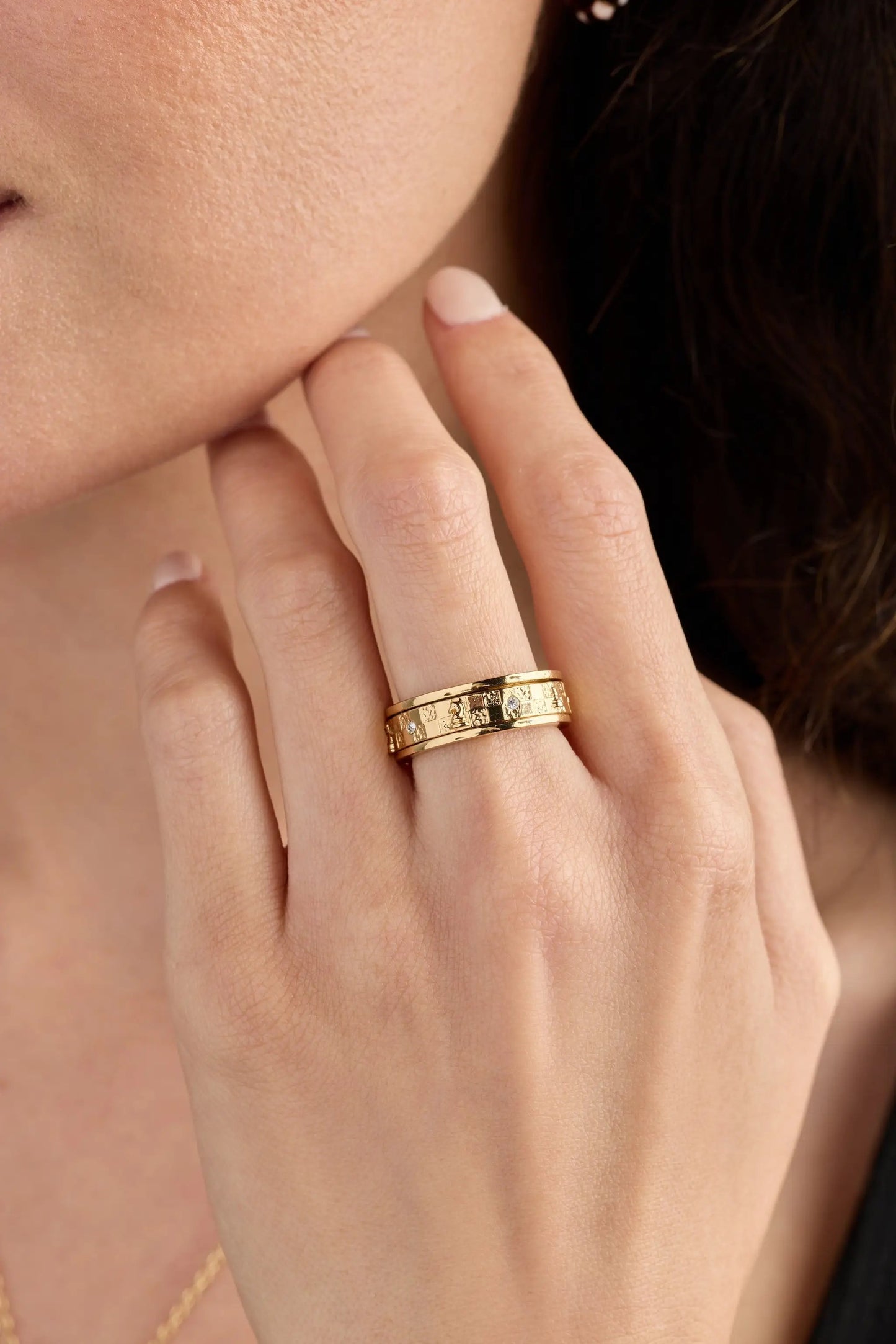 Gold tone Chess Fidget Ring by ALEX AND ANI stacked band with chess motif on Tampa Home & Garden Store