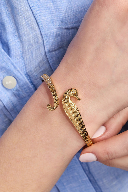 Seahorse Bypass Cuff bracelet gold-tone with textured scale motif on Tampa Home & Garden Store