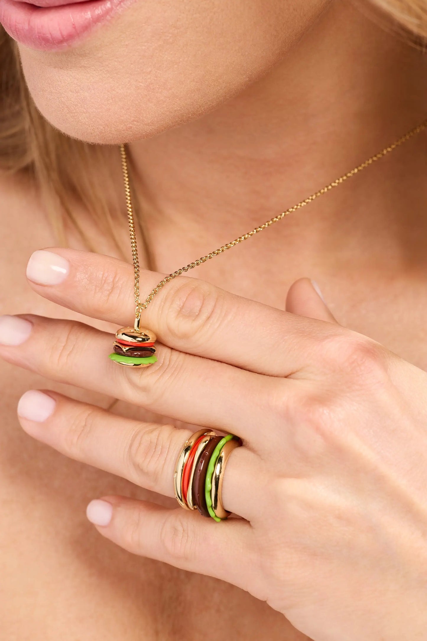 Hot Grill Summer Hamburger Stacking Ring by Alex and Ani, gold with enamel burger layers on Tampa Home & Garden Store