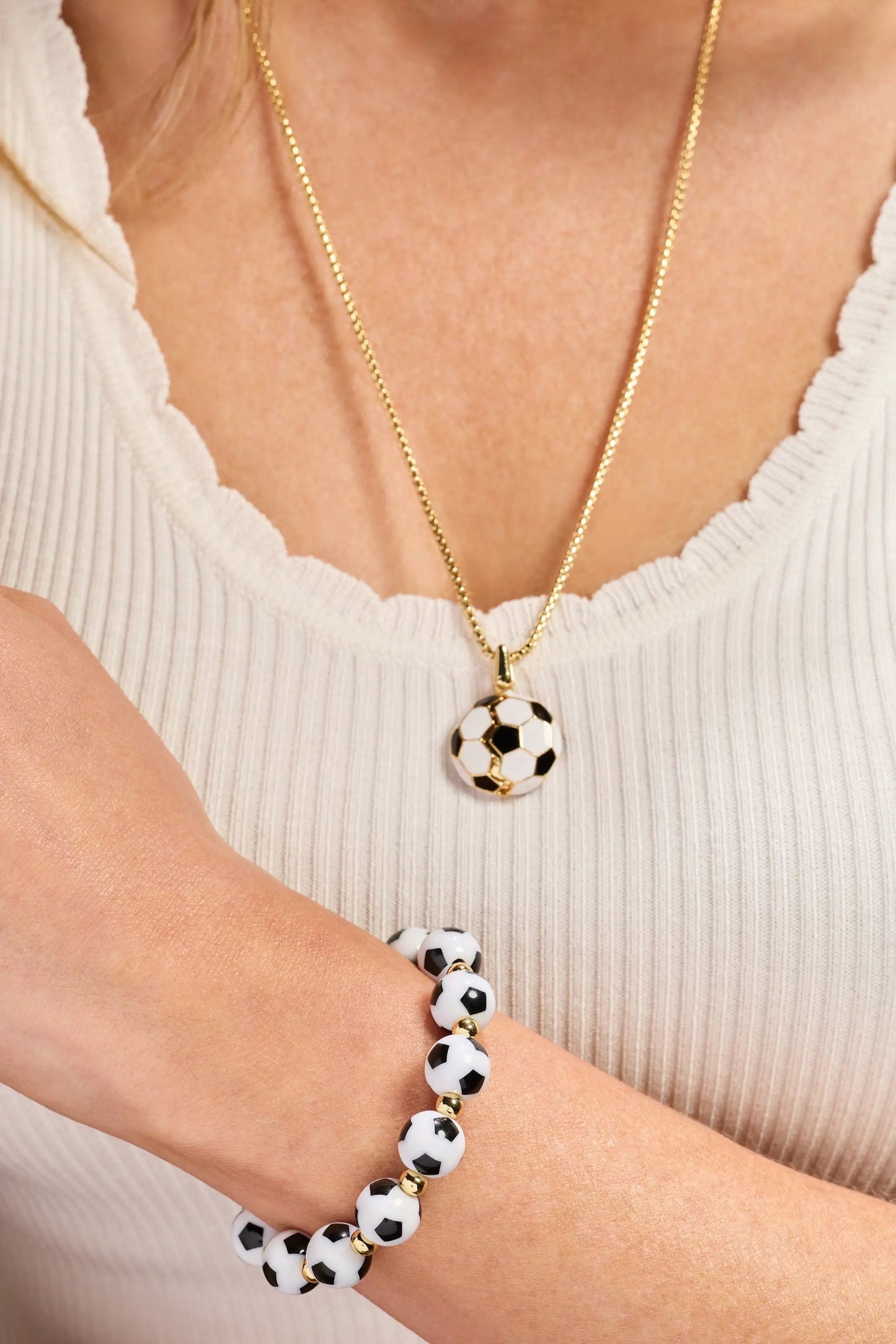 Soccer Ball Locket Necklace on a gold-tone chain with black-white pendant; 2-piece jewelry set on Tampa Home & Garden Store