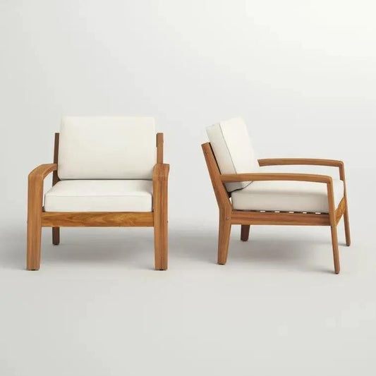 Grenada Club Chair pair with beige waterproof cushions and wooden frame outdoor chairs on Tampa Home & Garden Store