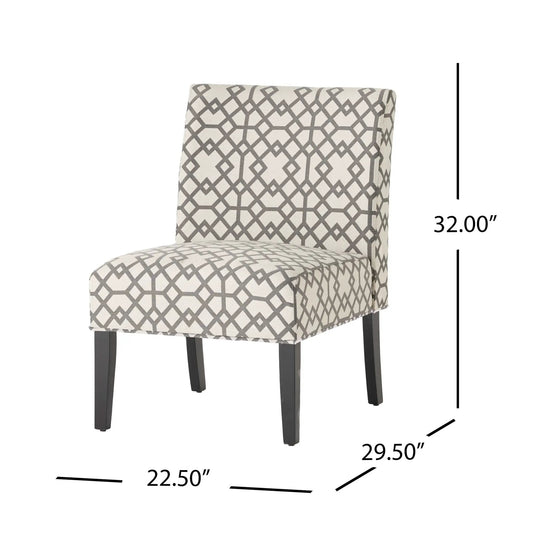Accent chair grey and ivory geometric lattice upholstery with dark legs on Tampa Home & Garden Store
