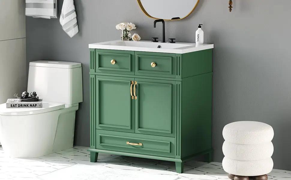 30 Inch wood vanity with soft close doors, green finish, countertop, gold hardware, two doors on Tampa Home & Garden Store