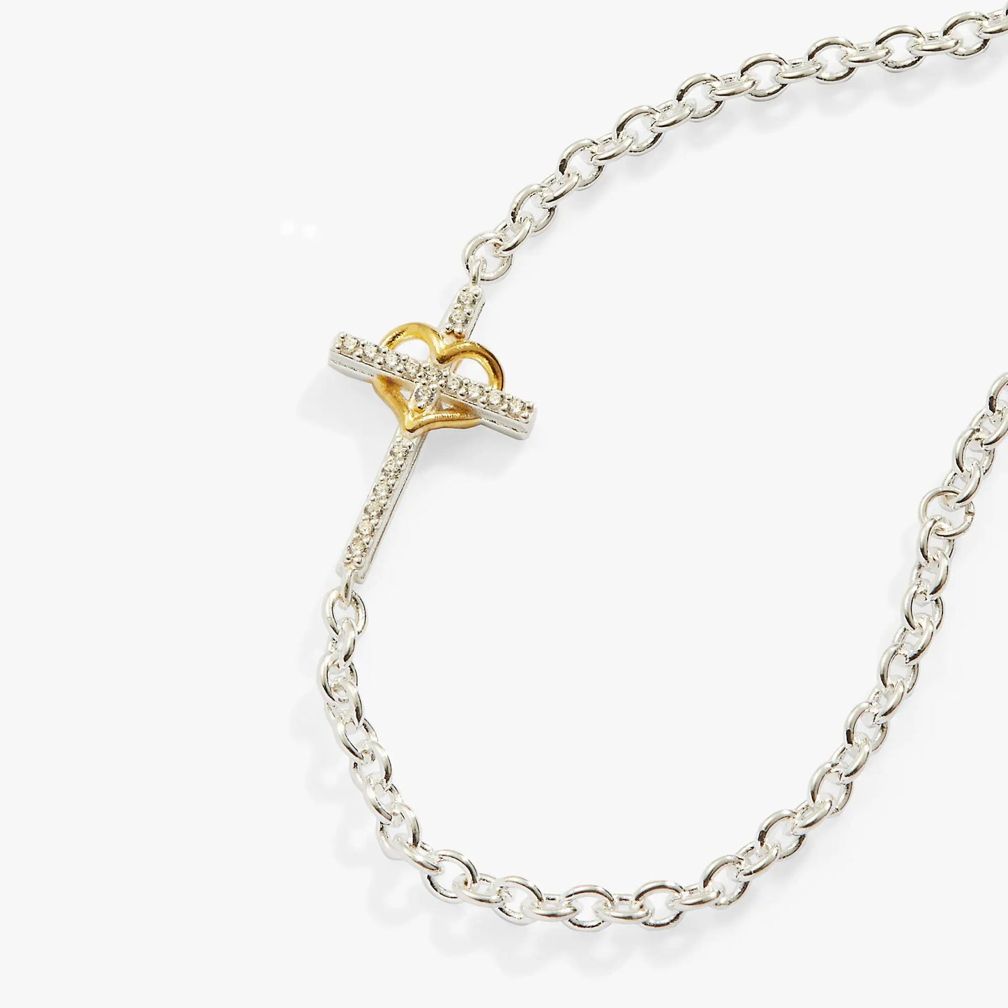 Cross and Heart Bracelet sterling silver chain with diamond-studded cross and gold-tone heart on Tampa Home & Garden Store