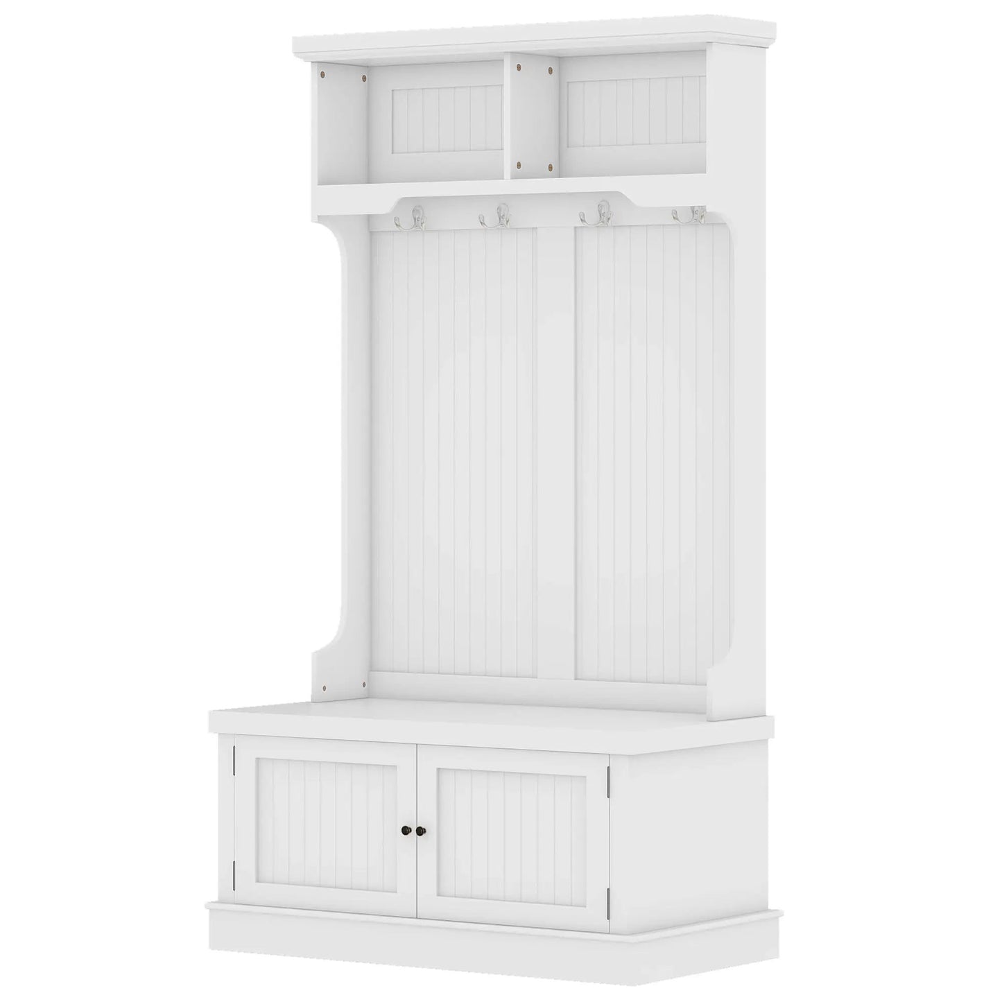 White hall tree with storage shoe bench, 4 hooks, beadboard accents VIP Digital Presence on Tampa Home & Garden Store