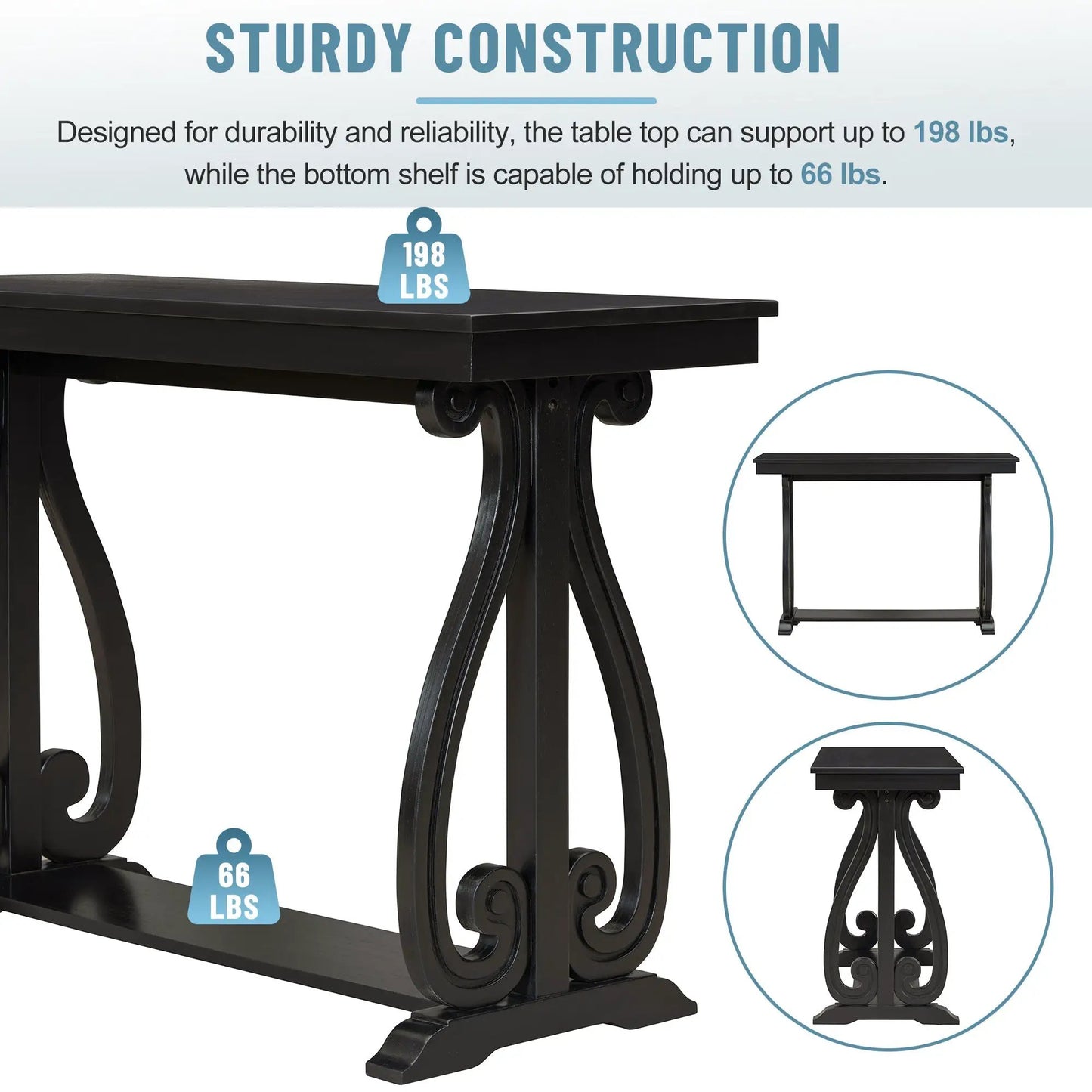 Table console rustique vintage de 122 cm – Table d'entrée de style campagnard avec étagère ouverte et construction robuste (Noir)