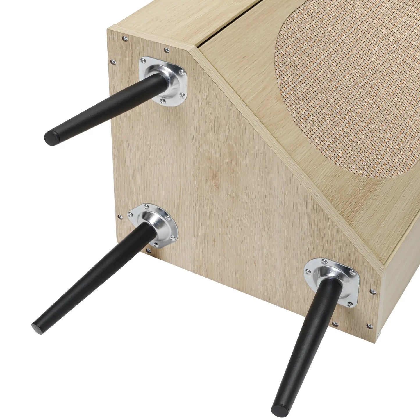 Corner cabinet with rattan door, light oak finish, metal hardware, and black tubular legs on Tampa Home & Garden Store