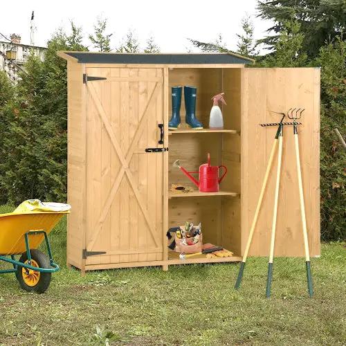 Outdoor wooden shed with asphalt roof, doors reveal shelves, boots and watering can, 3 tools outside on Tampa Home & Garden Store