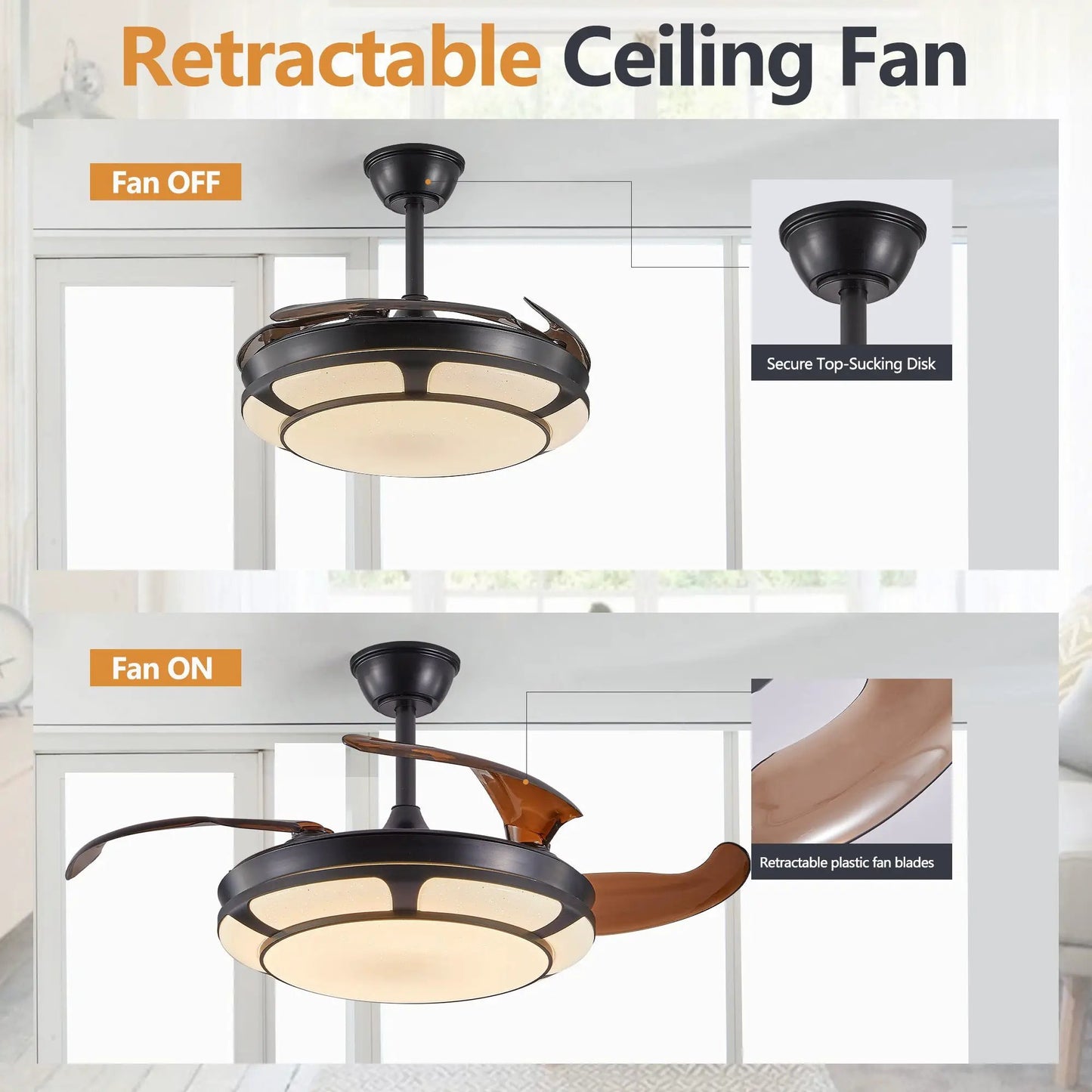 Invisible Ceiling Fan Light, Retractable With LED