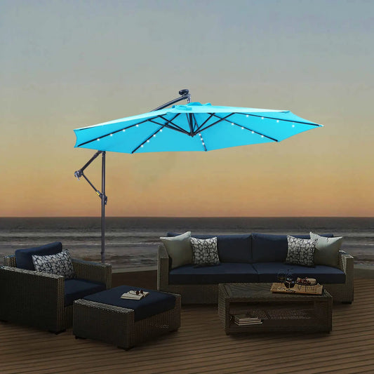 Blue 10 ft solar LED patio umbrella with 32 lights on offset cantilever arm on Tampa Home & Garden Store