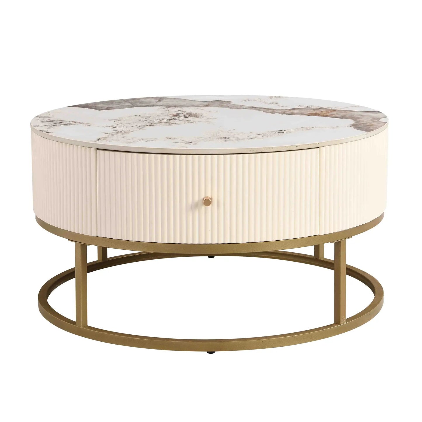 Round coffee table with drawers, marble top, fluted beige cabinet, gold metal base on Tampa Home & Garden Store