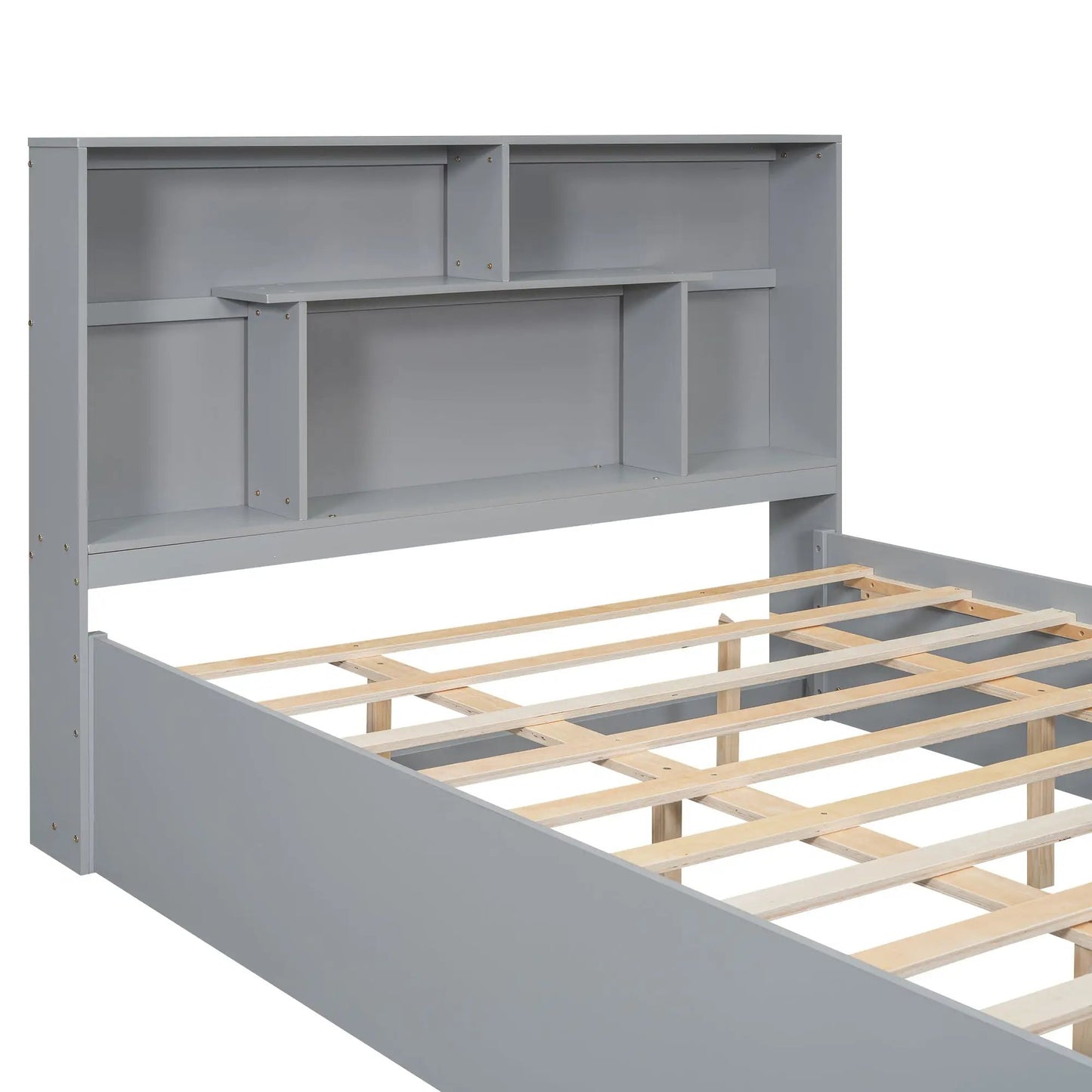 Queen platform bed with gray storage headboard drawers and visible slat bed frame on Tampa Home & Garden Store