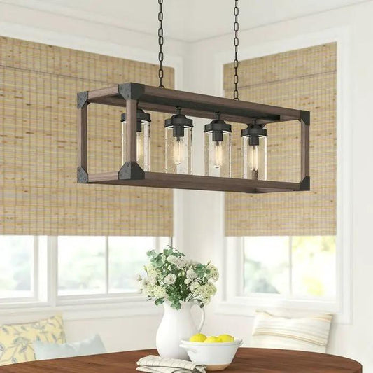 Rectangular four-light adjustable chandelier with wood frame and glass cylinder shades on Tampa Home & Garden Store