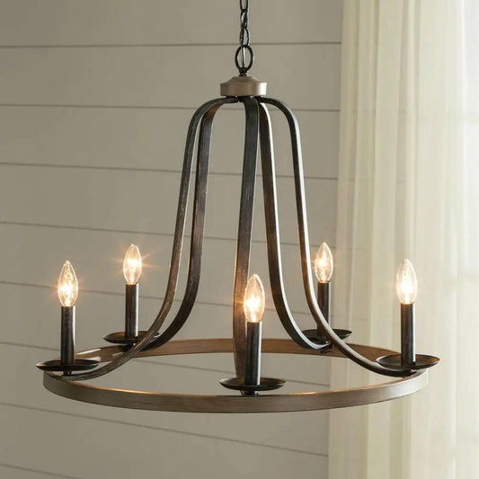 Rustic 5-Light Dimmable Farmhouse Chandelier Oak finish metal frame by HomePacific on Tampa Home & Garden Store