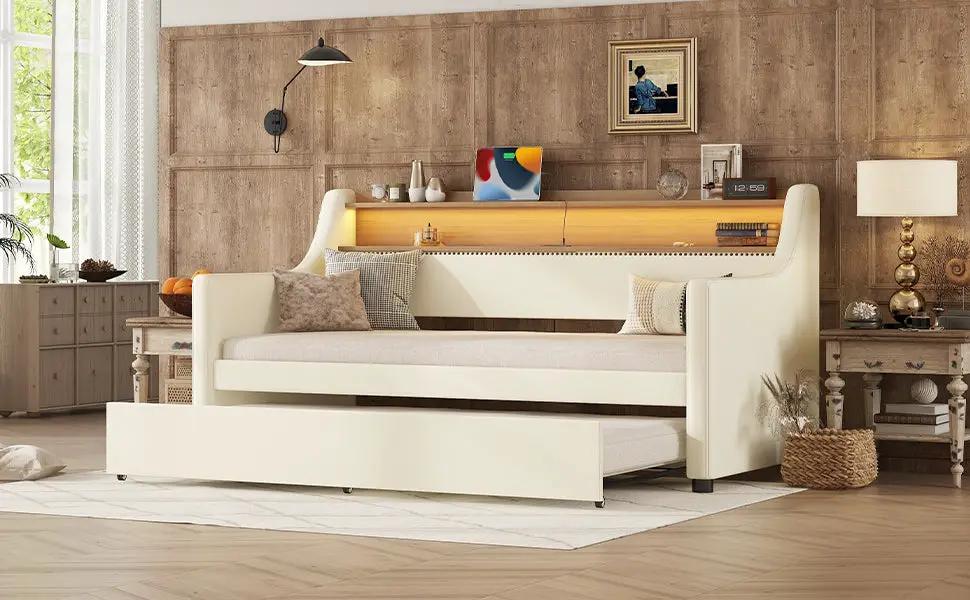 Twin size daybed with trundle and LED backlighting, cream upholstery on Tampa Home & Garden Store