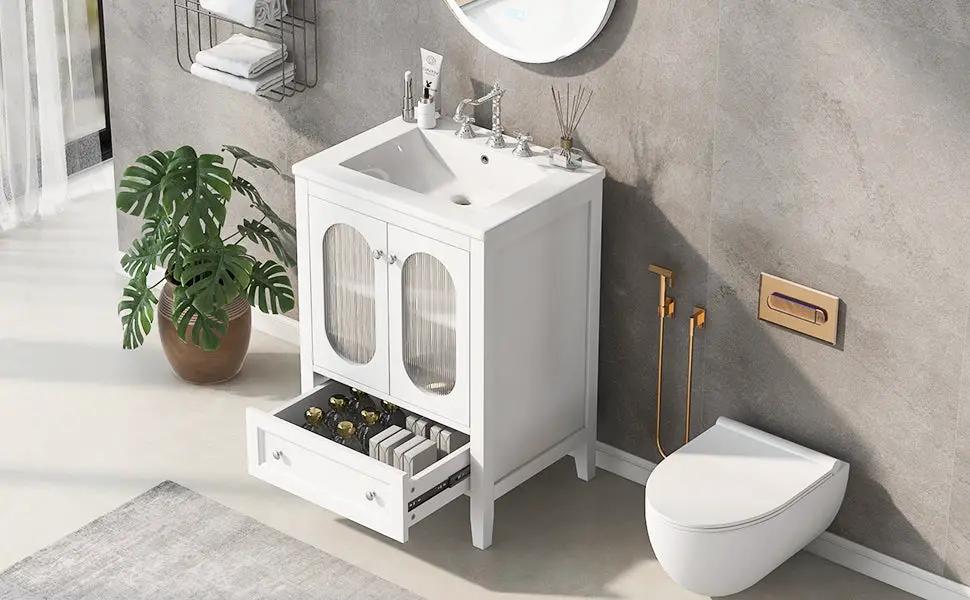 Mueble de baño de 24" con lavabo, armario de tocador con un cajón y puertas, estante ajustable, madera maciza y MDF, blanco