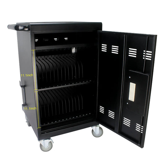 Black mobile tablet charging cart with open cabinet and vented doors on wheels on Tampa Home & Garden Store