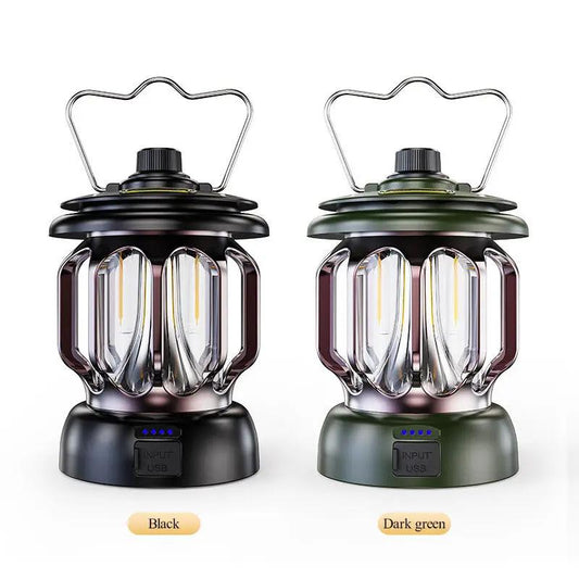 Two LED retro camping lanterns with long battery in black and dark green on Tampa Home & Garden Store