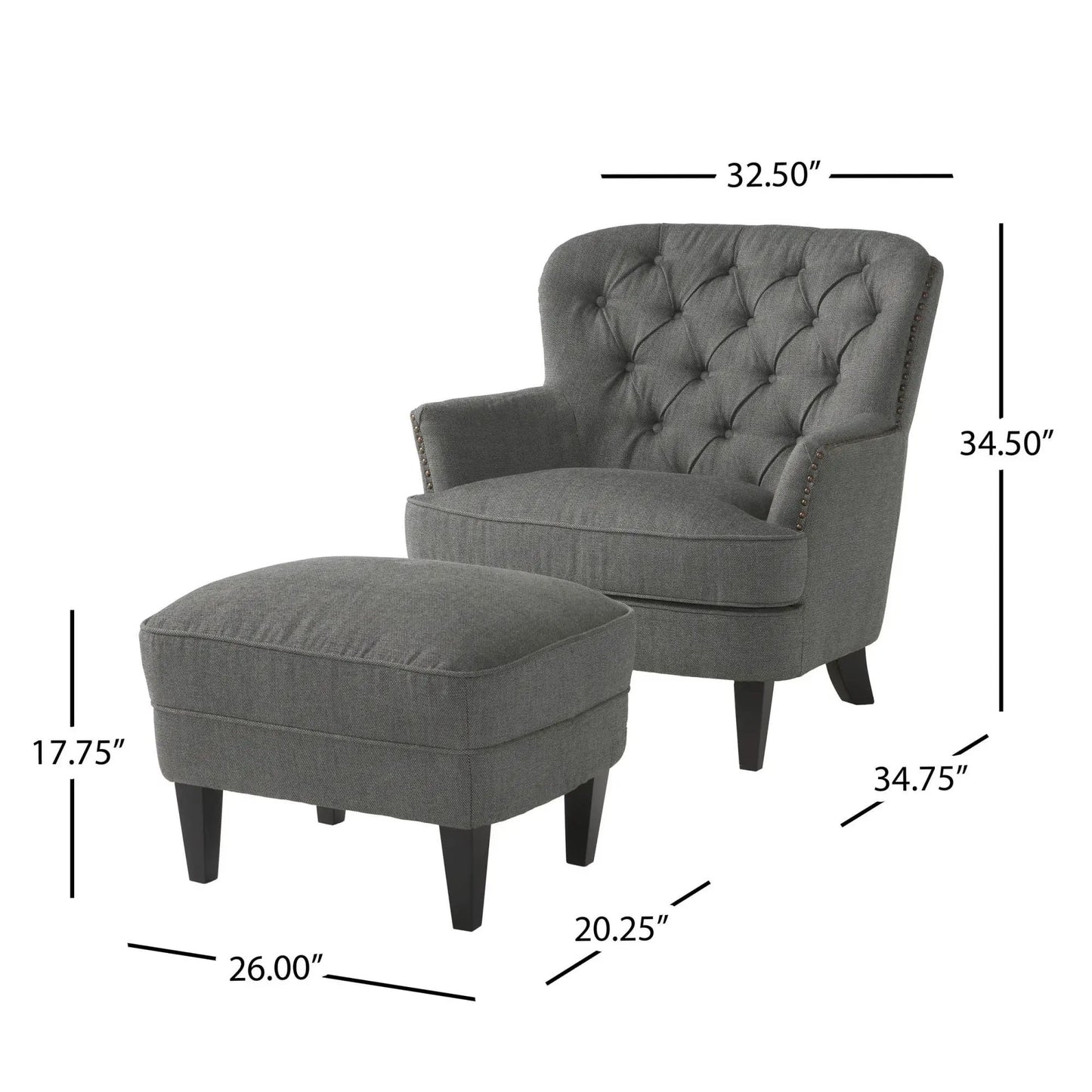 Grey fabric club chair and matching ottoman with tufted back, dark wood legs, 2-piece set on Tampa Home & Garden Store
