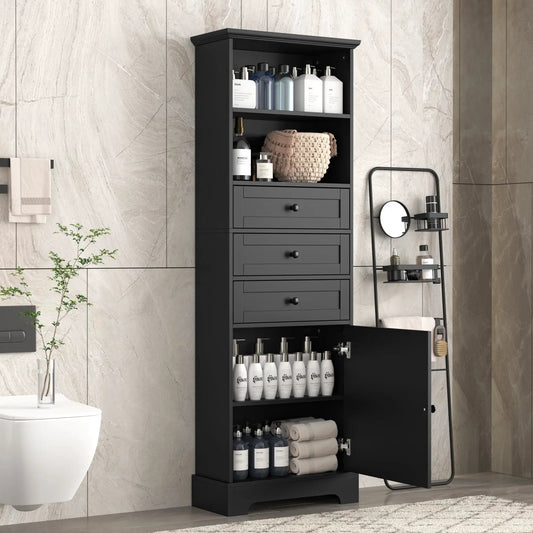 Black tall bathroom cabinet with 3 drawers and open shelves on Tampa Home & Garden Store