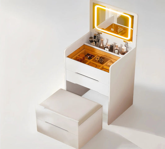 3 in 1 White Vanity Desk with Plip Top Mirror, white finish, LED yellow frame, makeup storage on Tampa Home & Garden Store