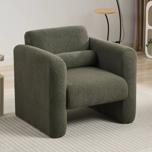 Pair of modern accent chairs in seaweed green sherpa with rounded arms and plush upholstery on Tampa Home & Garden Store